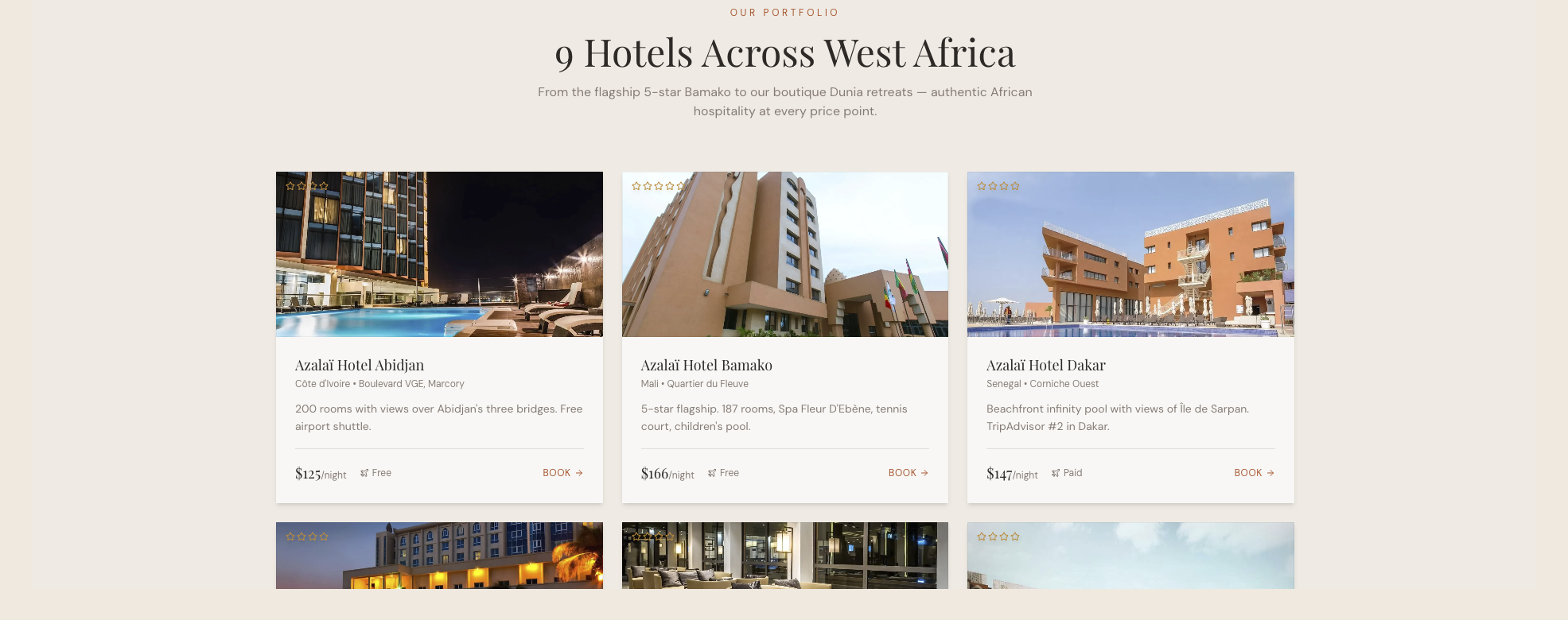 Portfolio — 9 hotels across West Africa, bookable from one grid.