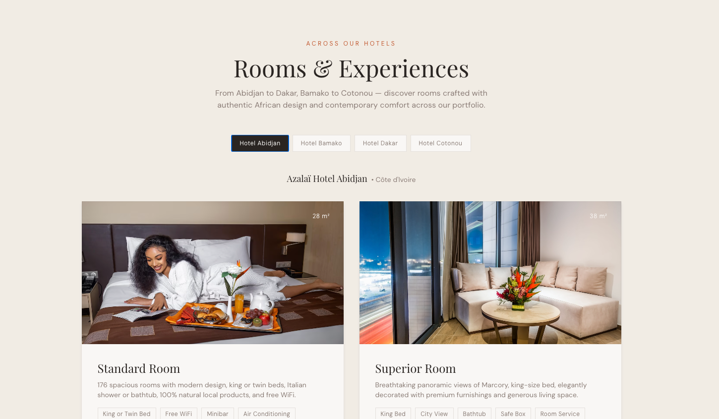 Rooms & Experiences — cross-property catalog with tabbed filtering.